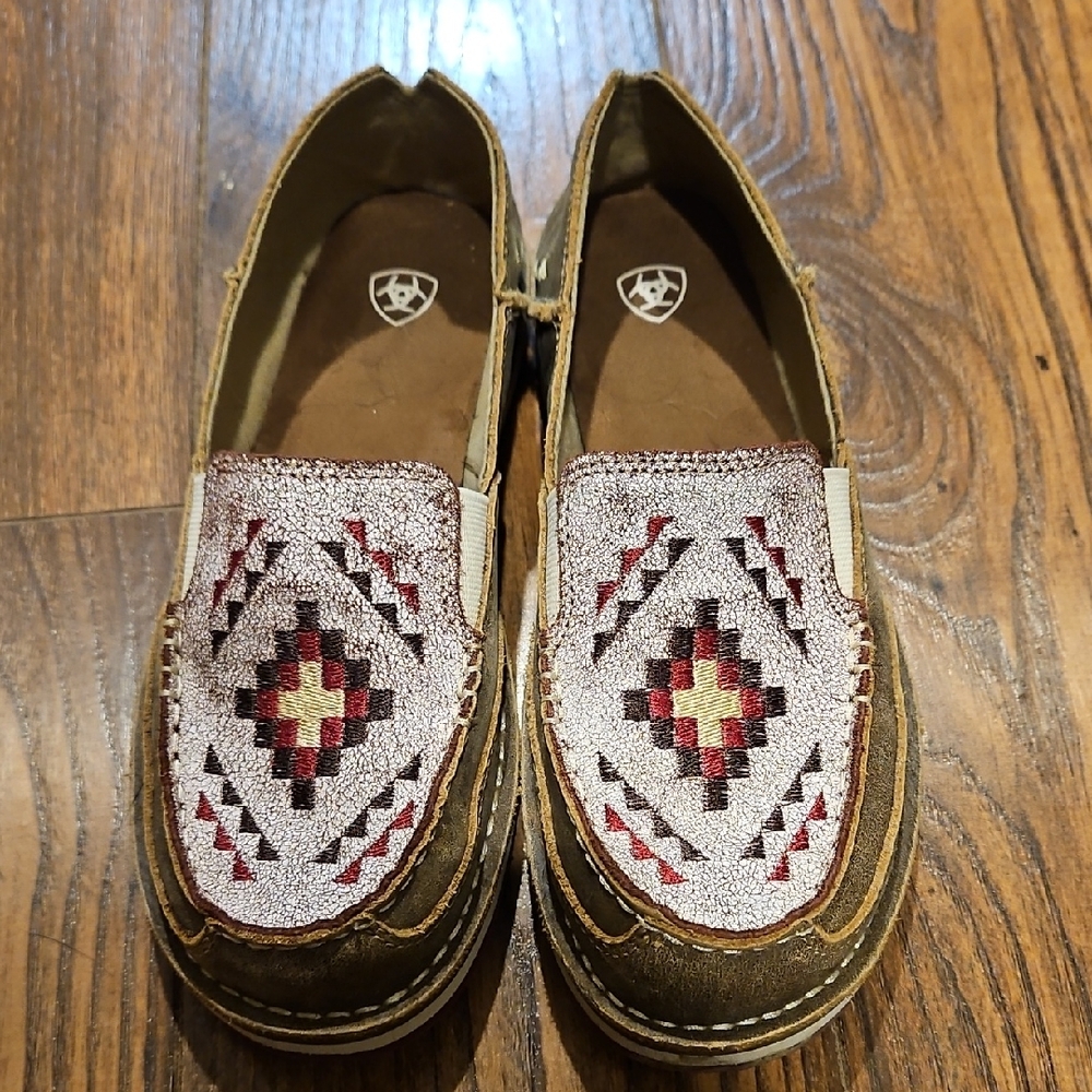 Ariat Brown Loafers with Red and Cream Aztec Embroidery